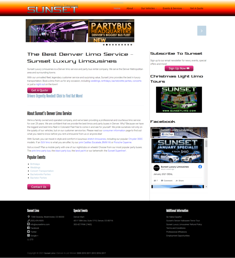 Sunset Limos website built by Suffolk County Webmasters