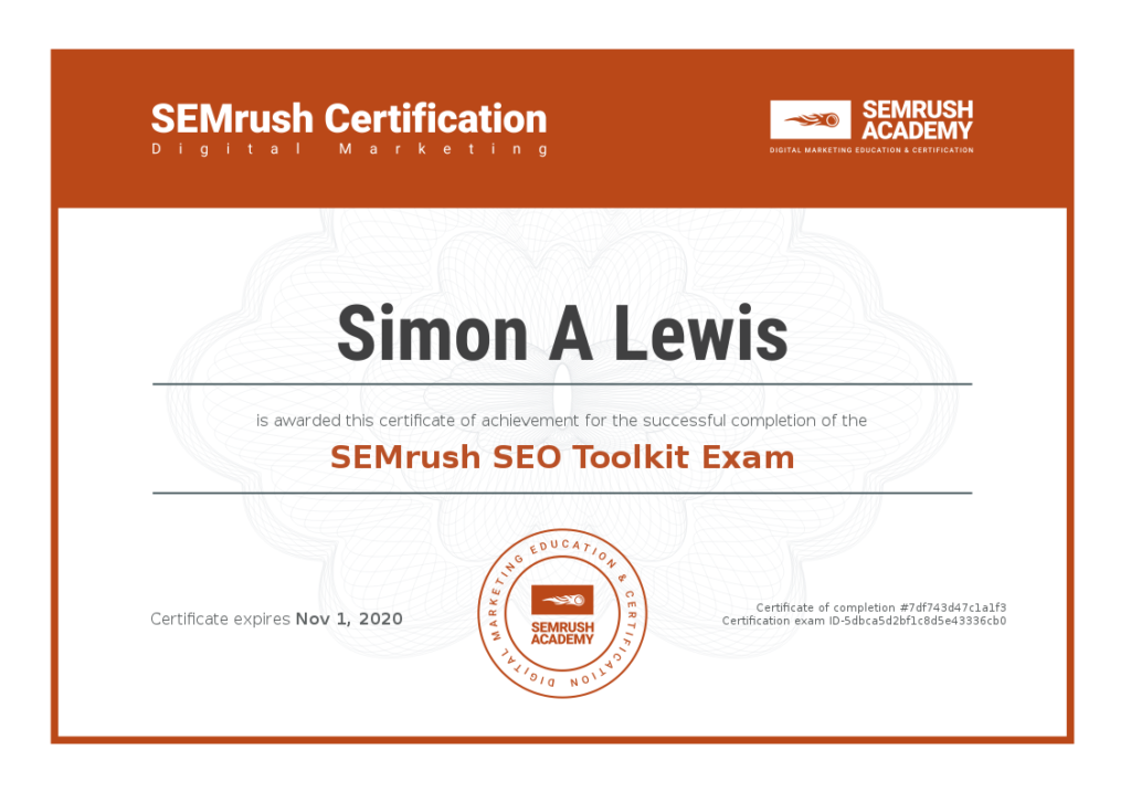 SEM rush certificate for simon lewis of sucoweb