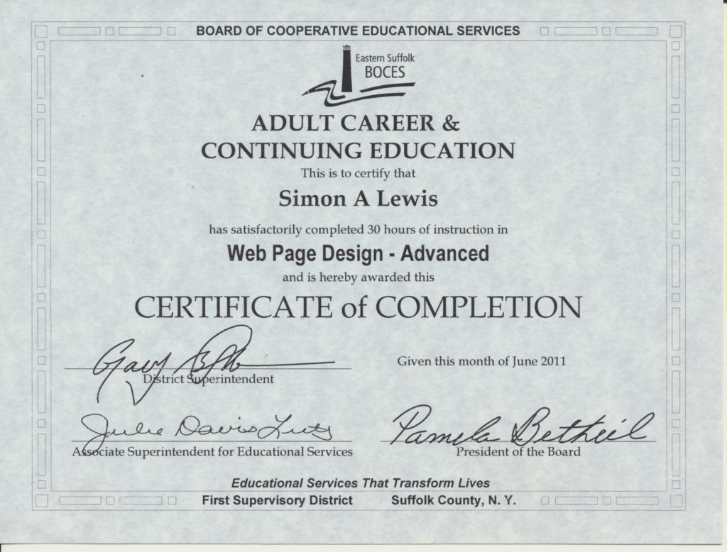 Simon A Lewis Advanced Web Page Design Certificate