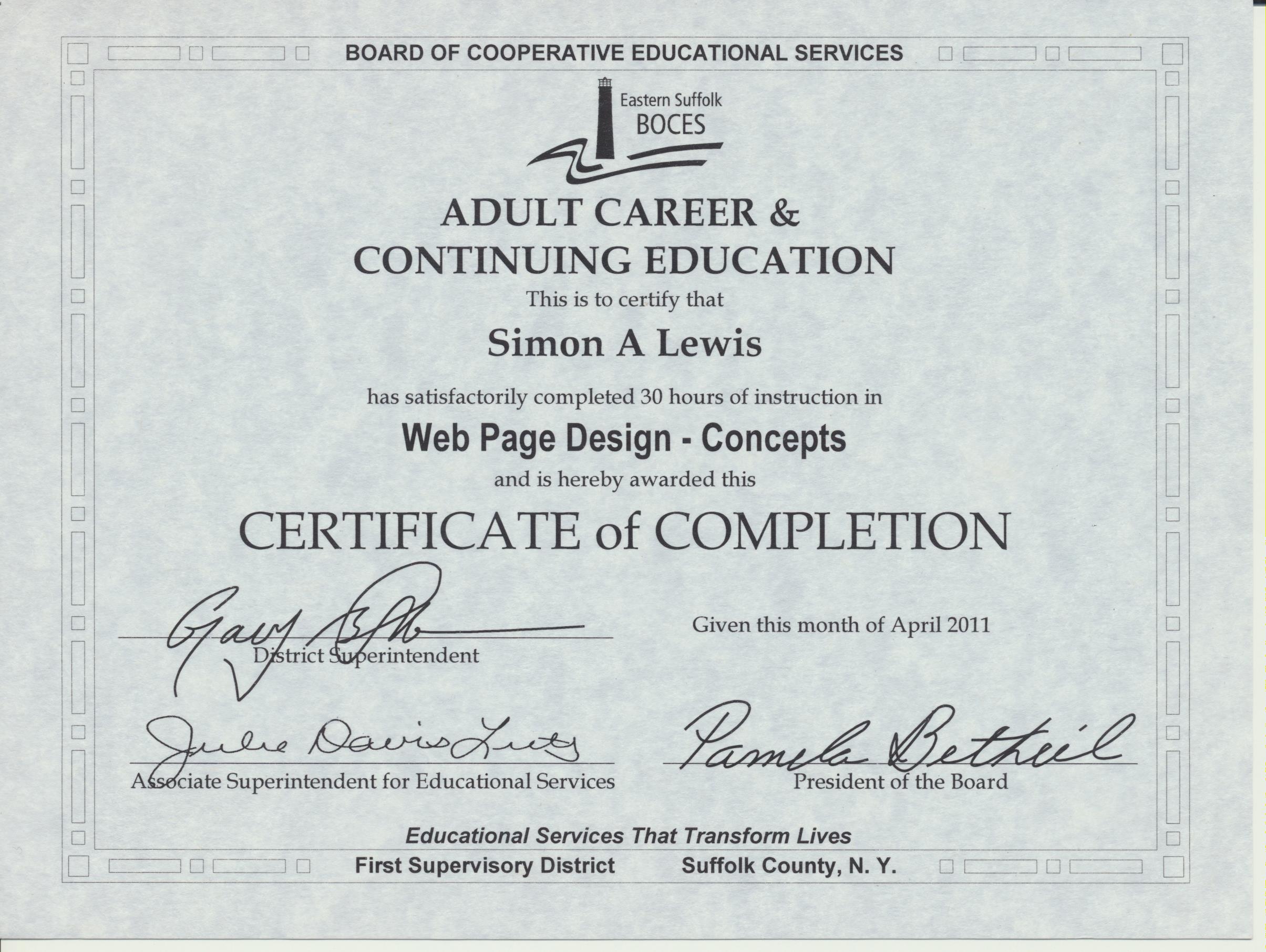 Simon A Lewis Web Design Concepts Certificate