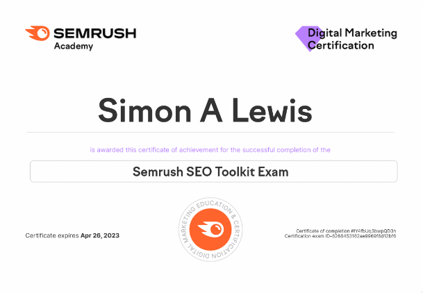 SEMRush SEO Toolkit Certificate