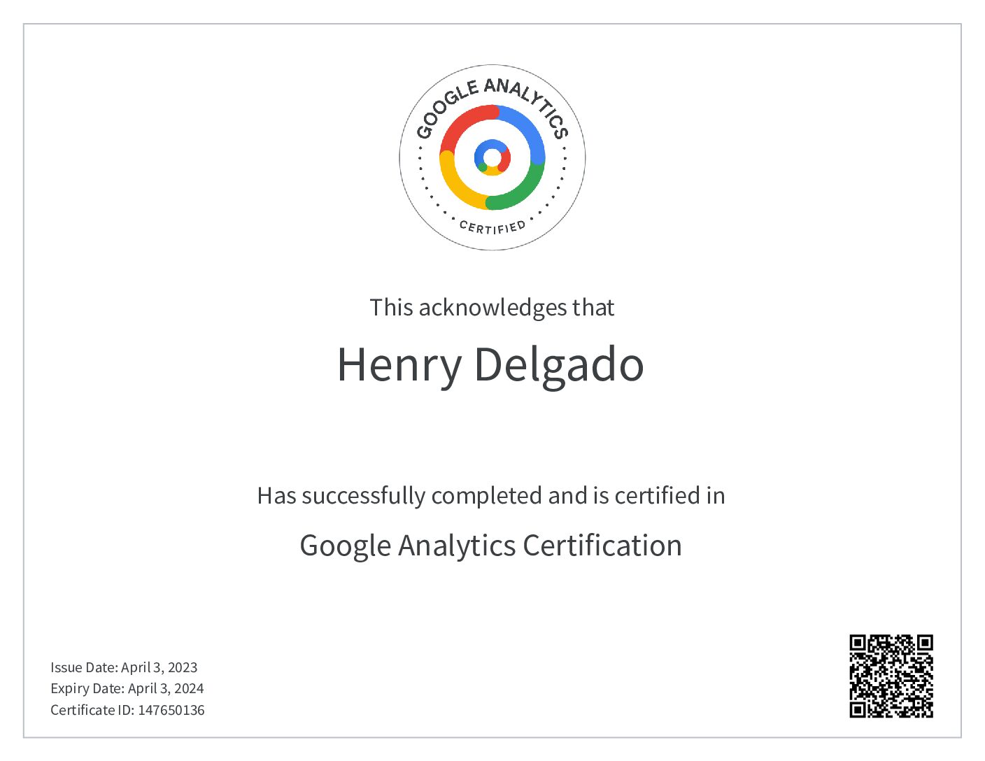 Henry Delgado Google Analytics Certification